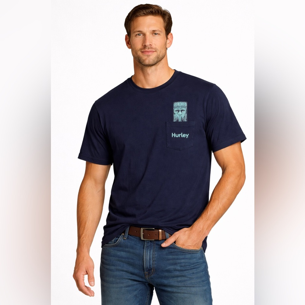 Hurley Tiki Head Surf Men’s Cotton T Shirt Navy Beach Summer NWT